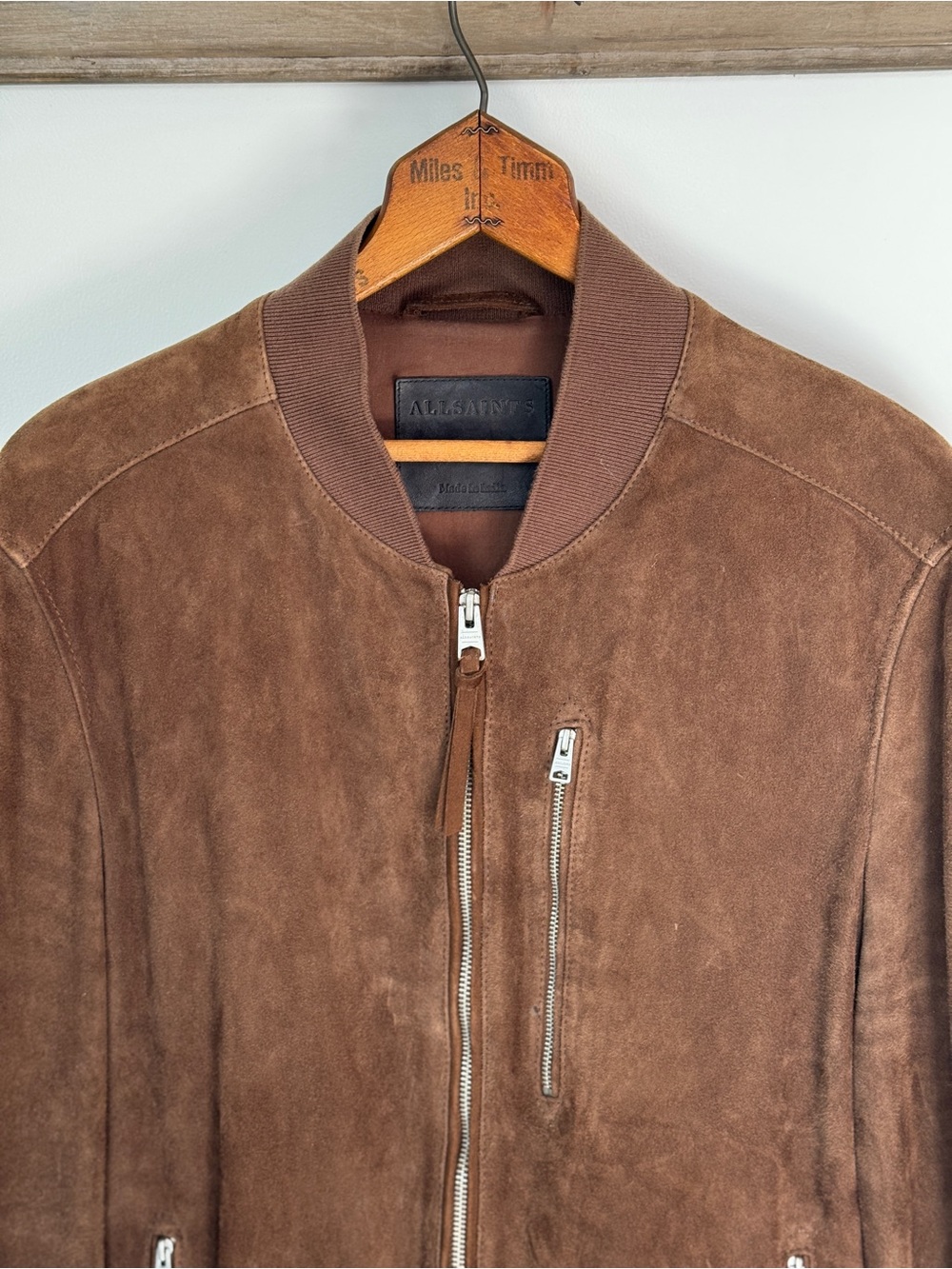 All Saints Kemble Suede Bomber Jacket with Zip Chest Pocket - Brown Suede